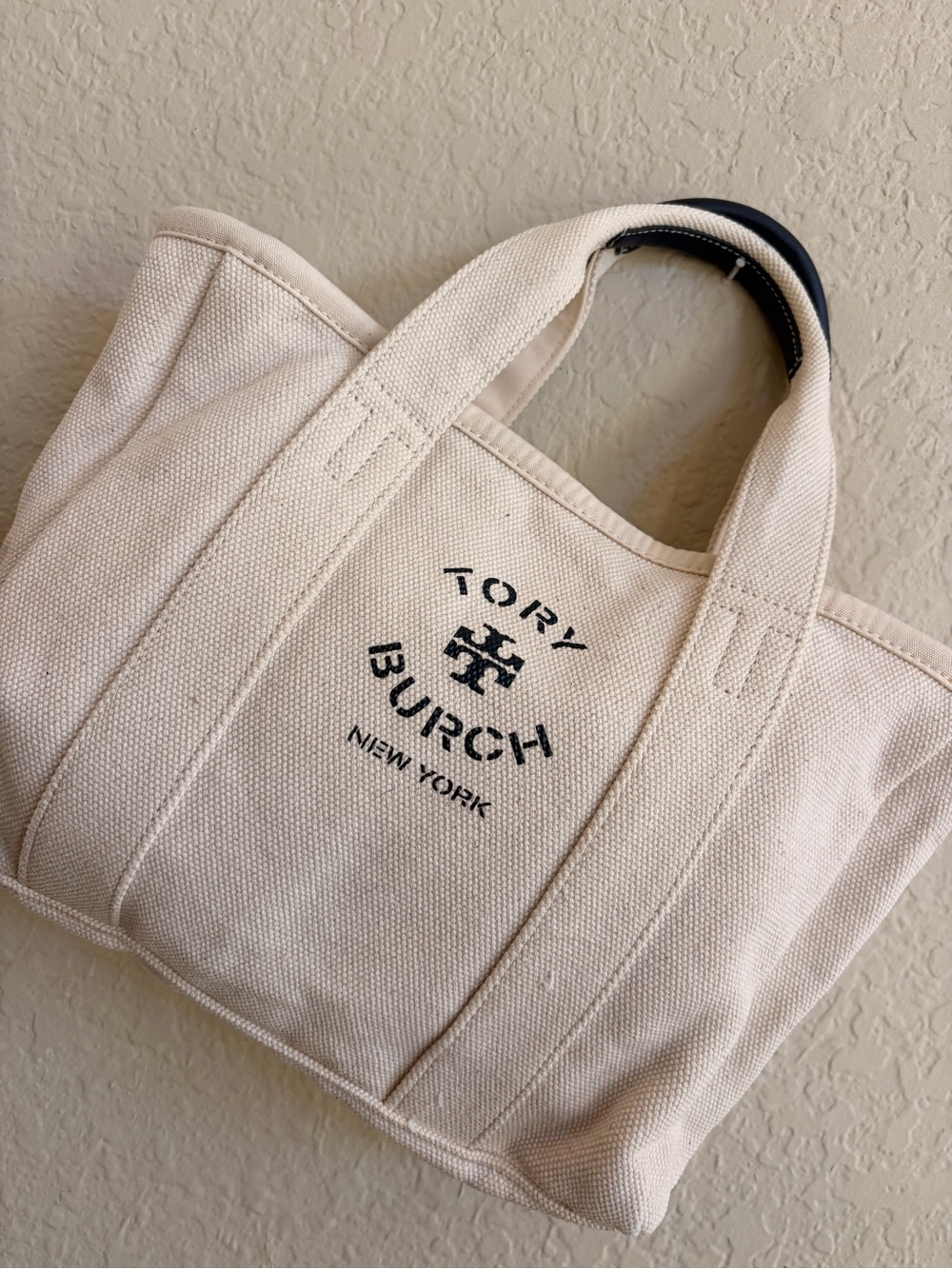 Tory Burch Natural Canvas Logo Tote with Black Accent